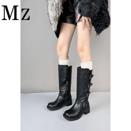 Mr.Zheng/4.5cm/皮带扣圆头高筒骑士靴秋冬新款侧拉链真皮女长靴 