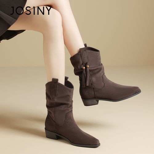 JOSINY/卓诗尼时装靴黑色中筒女靴短靴复古女靴厚底秋冬时尚圆头主图