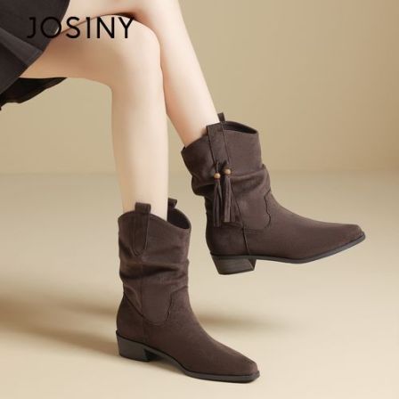 JOSINY/卓诗尼时装靴黑色中筒女靴短靴复古女靴厚底秋冬时尚圆头
