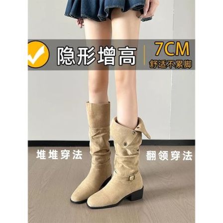 7cm内增高复古西部牛仔靴女两穿美拉德堆堆靴方头粗高跟长筒靴女