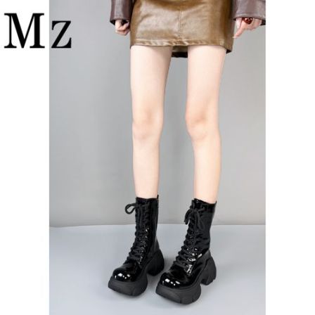 Mr.Zheng/7cm/厚底系带增高马丁靴个性百搭秋冬新款亮面女靴短靴