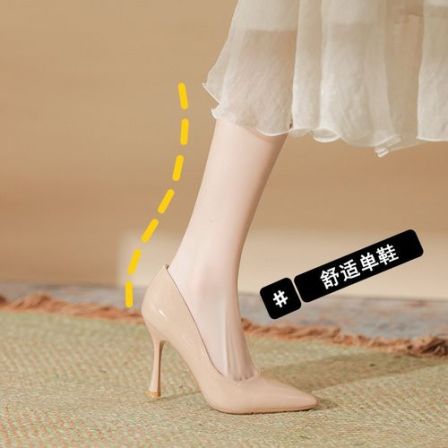 加宽加肥黑色春季时尚职业透气一脚蹬漆皮轻职风尖头细跟高跟鞋媛