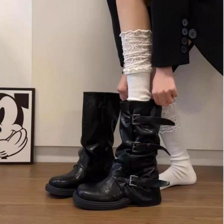 皮带扣褶皱厚底中筒靴女2025秋冬季新款爆款裤管西部靴ins潮靴子