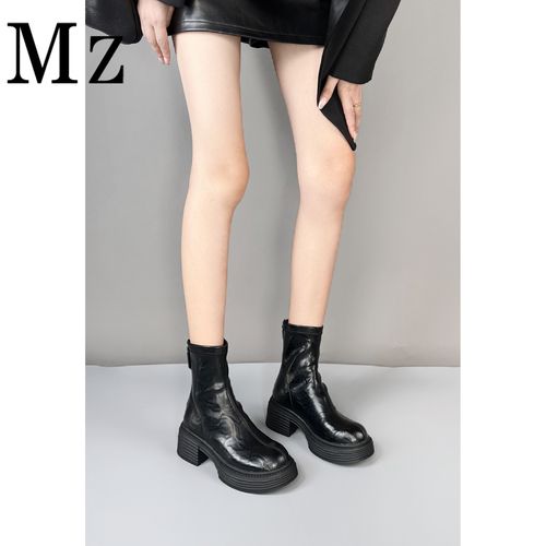 Mr.Zheng/6cm/厚底圆头后拉链弹力复古短靴秋冬新款舒适休闲女靴主图