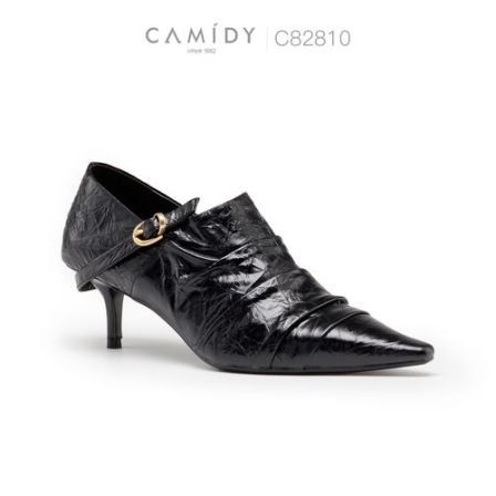 CAMIDY SINCE 1982尖头褶皱手抓花牛胎漆皮深口小猫跟鞋C82810