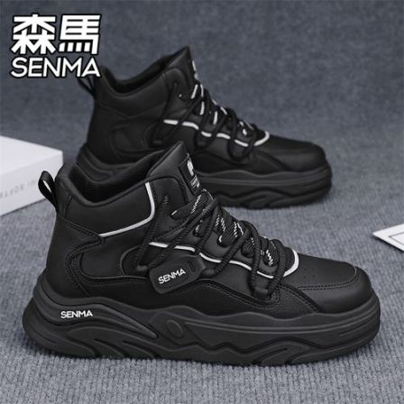 森马男鞋秋季黑武士设计感百搭真皮运动潮鞋厚底增高黑色高帮板鞋