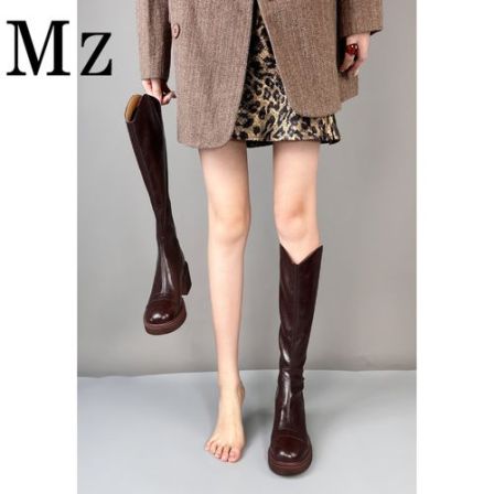 Mr.Zheng/6cm/弹力靴瘦瘦靴V口骑士靴秋冬新款休闲粗跟高跟长靴女
