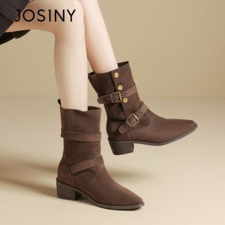 JOSINY/卓诗尼时装靴黑色中筒女靴短靴中筒粗跟马丁靴系带复古