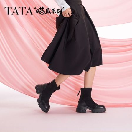喵爪靴TATA他她弹力靴女靴瘦瘦靴加绒厚底时装靴休闲短靴CEG01DZ4
