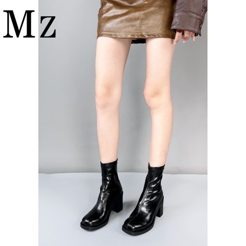Mr.Zheng/8cm/瘦瘦靴粗跟高跟后拉链圆头百搭弹力靴秋冬休闲短靴主图