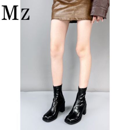 Mr.Zheng/8cm/瘦瘦靴粗跟高跟后拉链圆头百搭弹力靴秋冬休闲短靴