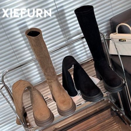 XIEFURN/鞋夫人小个子百搭圆头厚底秋冬时尚高筒绒面长筒瘦瘦靴女