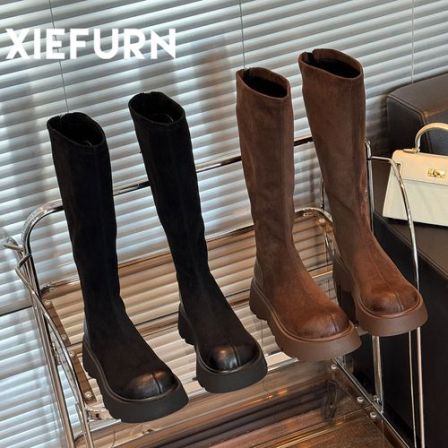 XIEFURN/鞋夫人新款显瘦不过膝长靴女2025秋冬复古弹力绒面瘦瘦靴