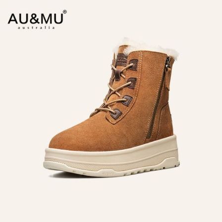 AUMU2025秋冬雪地靴女皮毛一体时尚厚底增高防滑侧拉链中筒靴2002