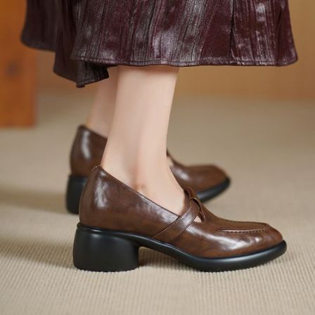 5CM 2025年春秋新款复古单鞋尖头时尚百搭真皮复古棕色舒适女鞋