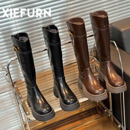 XIEFURN/鞋夫人显瘦不过膝长筒靴女秋冬新款厚底防滑高筒瘦瘦靴
