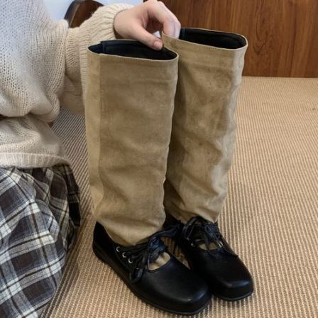 小香风粗跟高筒靴秋季百搭平底长靴复古时装靴圆头棕色网红裤管靴
