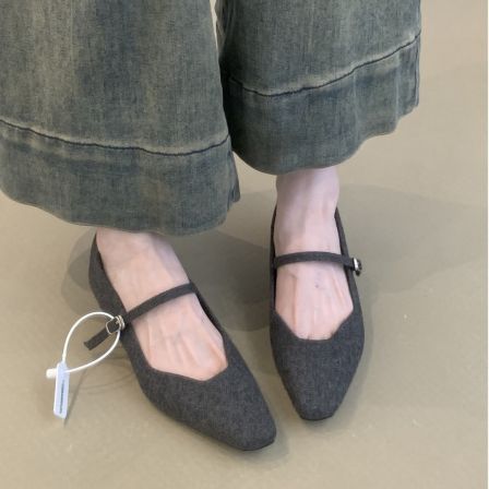 ZM-001-3韩国女鞋2025年东大门毛呢料方头一字扣平底玛丽珍鞋单鞋