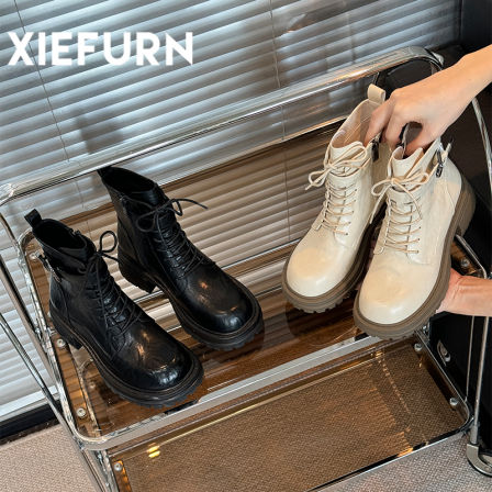XIEFURN/鞋夫人2025英伦风系带百搭短靴增高不过膝复古秋冬靴子