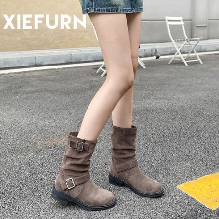 XIEFURN/鞋夫人美拉德复古堆堆靴女扣带圆头百搭大筒围中筒靴