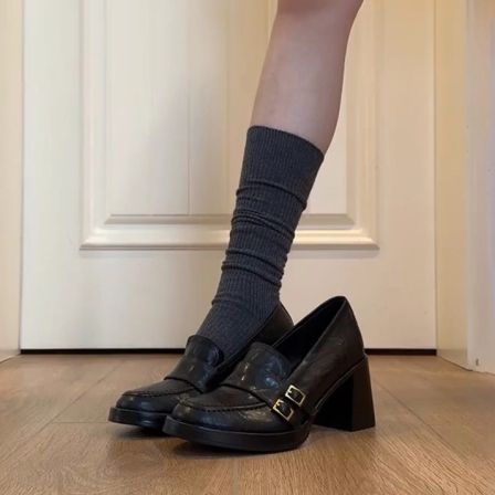 羊皮版~英伦风高跟乐福鞋女一脚蹬复古百搭通勤鞋静音粗跟小皮鞋