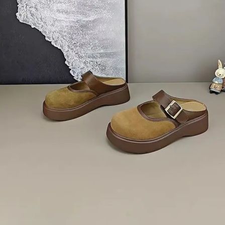 包头拖街头风低跟纯色松糕底包头软底春秋玛丽珍半拖宝宝日系