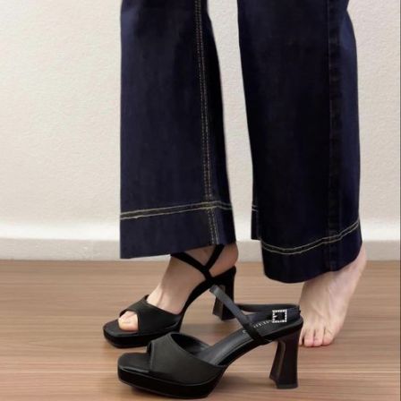 绝美防水台厚底一字带露趾性感高跟凉鞋女粗跟小个子不累脚高跟鞋