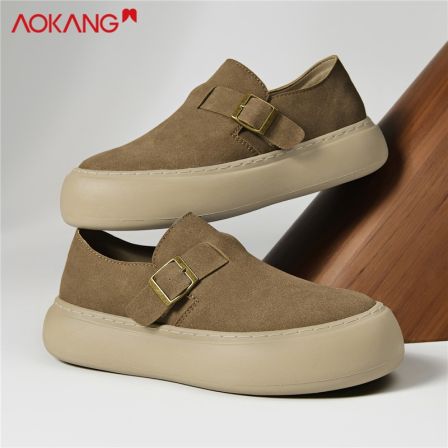 Aokang/奥康2025秋季舒适时尚百搭透气潮流厚底增高皮面休闲鞋