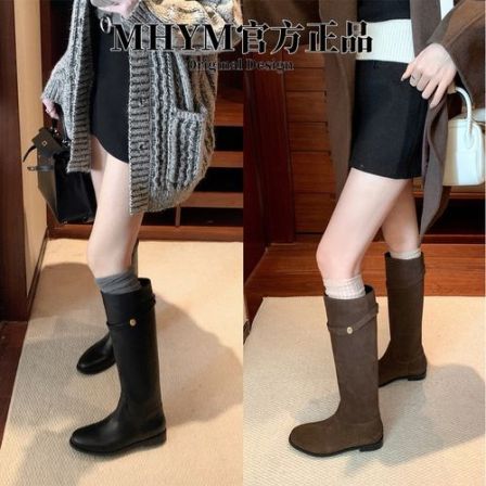 MH官方同款韩国真皮小金扣靴子中高筒靴显瘦长靴女骑士靴