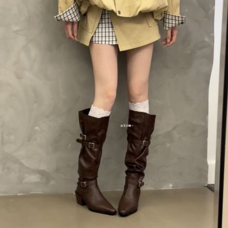 2025秋冬新品～时装靴皮带扣设计长靴尖头女靴粗跟长筒骑士瘦瘦靴