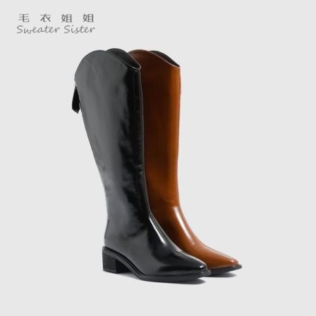 英伦风尖头亮皮高筒骑士靴女30339