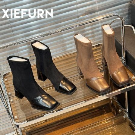 XIEFURN/鞋夫人增高粗跟方头短靴女2024新款秋冬高跟瘦瘦靴