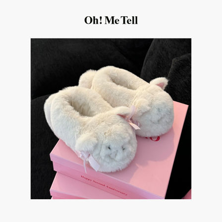 Oh！Me Tell【rose朴彩英同款】可爱毛绒猫咪包跟软底防滑家居棉拖鞋