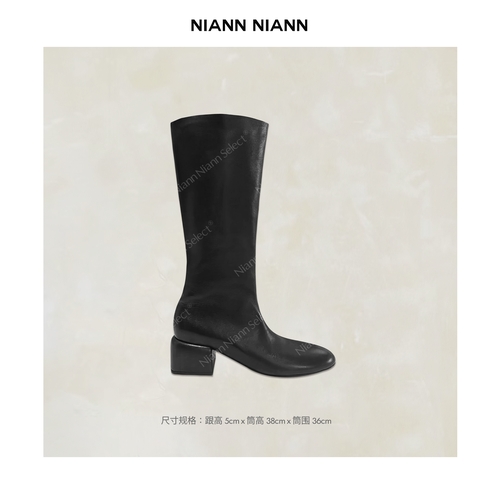 NiannNiann 新品时髦进口自然摔纹小牛皮粗跟高筒拉链长靴16080主图
