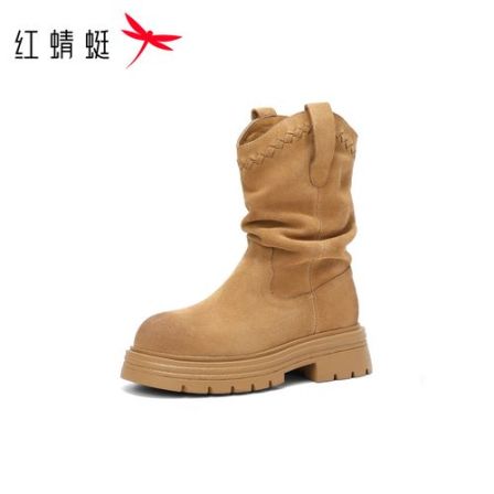 红蜻蜓西部堆堆靴女2025秋冬新款真皮中筒靴复古厚底旅行时装靴子