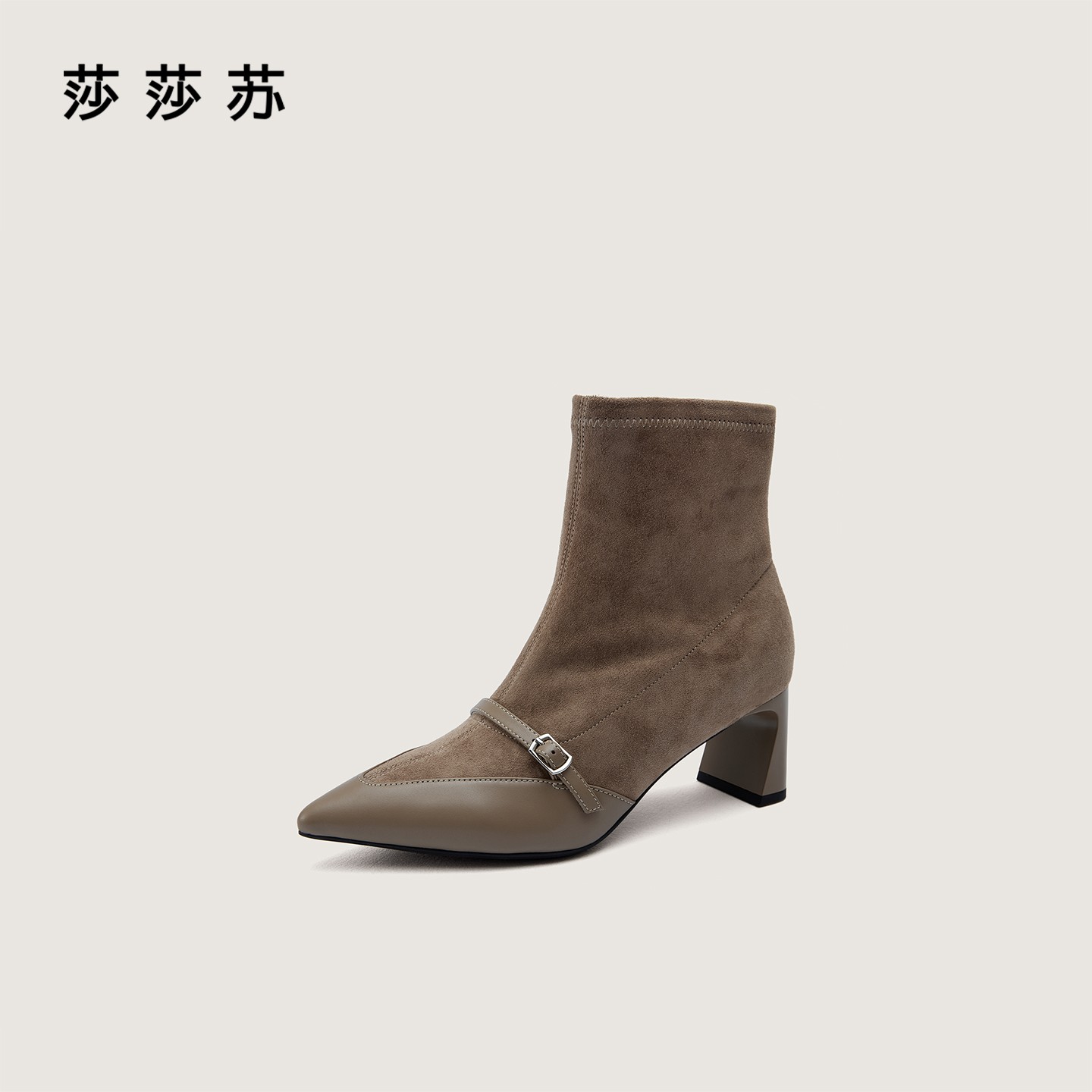 【小环扣】莎莎苏2025年冬季尖头粗跟瘦瘦靴新款时装靴女ZA65571-10主图