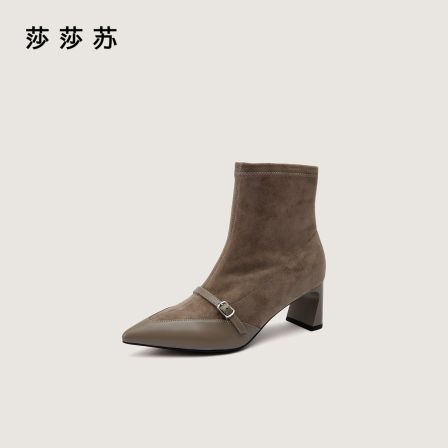 【小环扣】莎莎苏2025年冬季尖头粗跟瘦瘦靴新款时装靴女ZA65571-10
