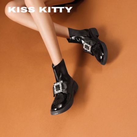 KISSKITTY【牛皮】超吸睛亮面切尔西靴新款精致珍珠钻时装短靴女