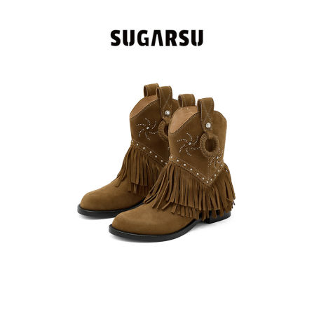 SugarSu酥履 25年秋季新款复古游牧苏真皮时尚西部高跟短靴女