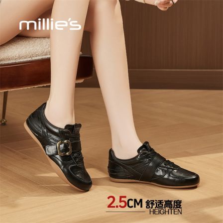 妙丽真皮复古德训鞋女2025秋季新款轻便皮带扣饰不累脚运动休闲鞋
