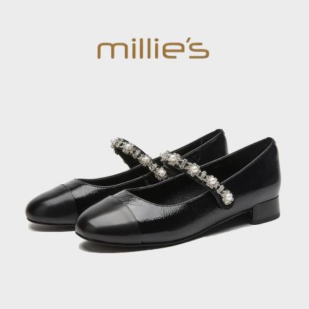 millies妙丽 圆头方跟一字带水钻设计时尚浅口单鞋 2025春季新款