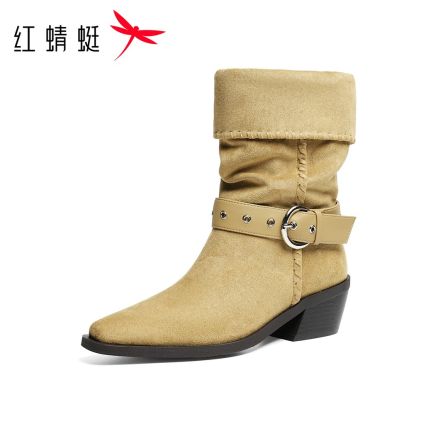 红蜻蜓西部靴2025秋季新款女鞋尖头粗跟复古堆堆靴旅游牛仔靴单靴