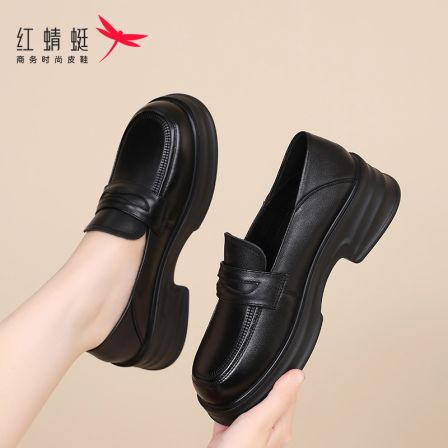 红蜻蜓乐福鞋女鞋春季新款英伦风厚底牛皮一脚蹬小皮鞋百搭单鞋