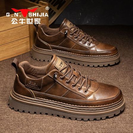 公牛世家鞋子男鞋软底百搭休闲皮鞋秋季款一脚蹬防滑防水英伦皮鞋