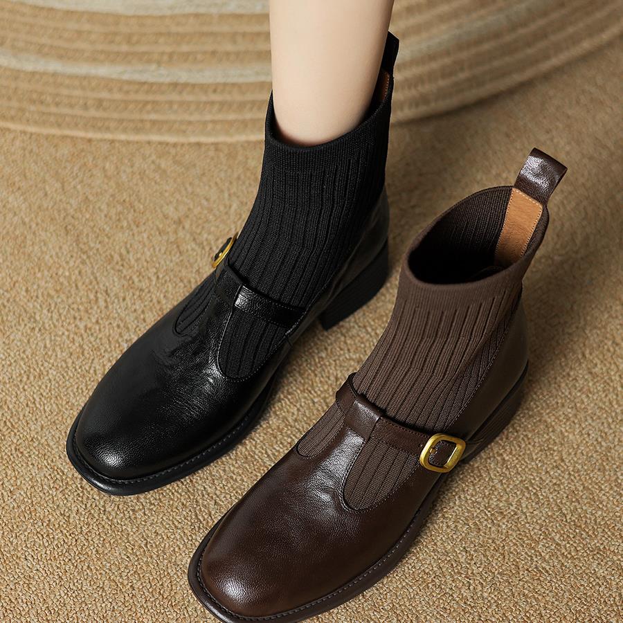 半坊手工女鞋|34-40|4.0cm|秋冬新款方头真皮显瘦玛丽珍粗跟短靴主图