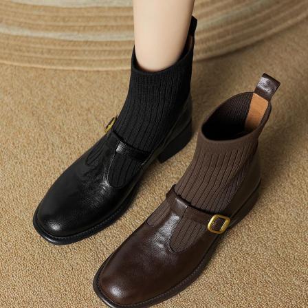 半坊手工女鞋|34-40|4.0cm|秋冬新款方头真皮显瘦玛丽珍粗跟短靴
