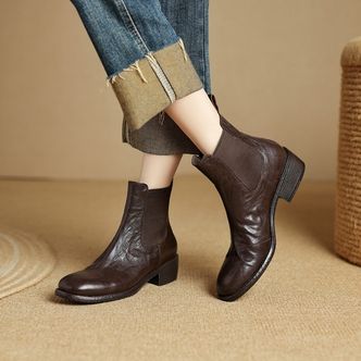 半坊手工女鞋/34-40/3.5cm/法式复古圆头粗跟真皮软面切尔西短靴