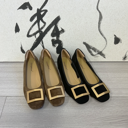【橙庐】906-9羊反绒粗跟方头浅口单鞋 猪皮里羊皮垫女款气质舒适主图