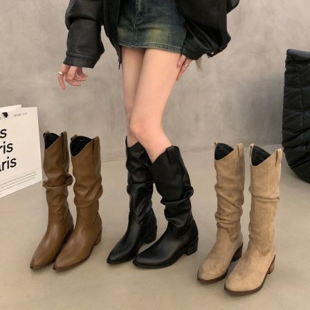法式复古咖色堆堆靴西部牛仔靴秋冬高筒靴女靴子小个子卡其色长靴