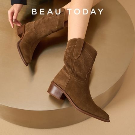 BeauToday真皮西部牛仔靴女中筒靴BT工装复古骑士靴长靴女英伦风